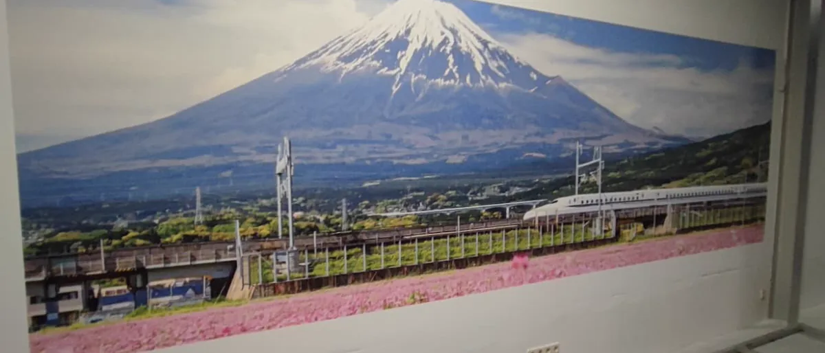 Wandbild über die volle Breite einer Wand: ein schneebedeckter Vulkan, davor ein Hochgeschwindigkeitszug und ein Feld rosa blühender Bodendecker.