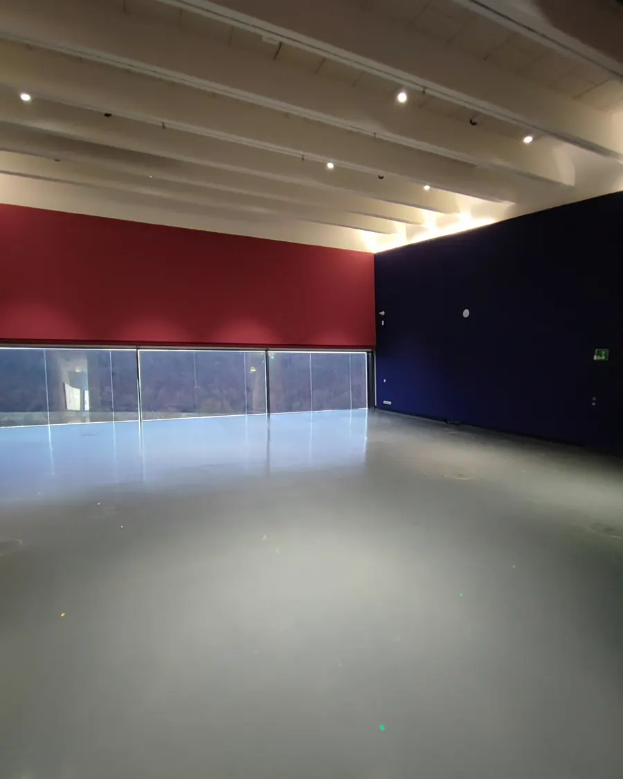 Großer Raum mit einer dunkelroten und einer dunkelblauen Wandfläche, weiß abgesetzte Deckenbalken mit Einbaustrahlern, Glasbrüstung und geschliffener Estrichboden.