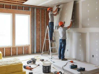 Mitarbeiter setzen Trockenbauwand ein bei Raumgestaltung Hartung